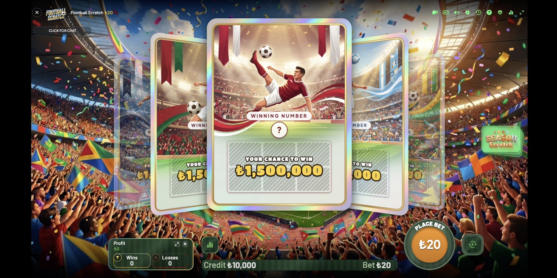 Football Scratch in-game screen — scratch cards with a bicycle-kick striker in a confetti-filled stadium