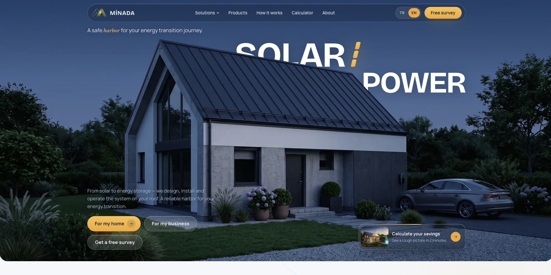 Minada Energy website hero — a dusk-lit smart home with a solar roof under the headline SOLAR POWER